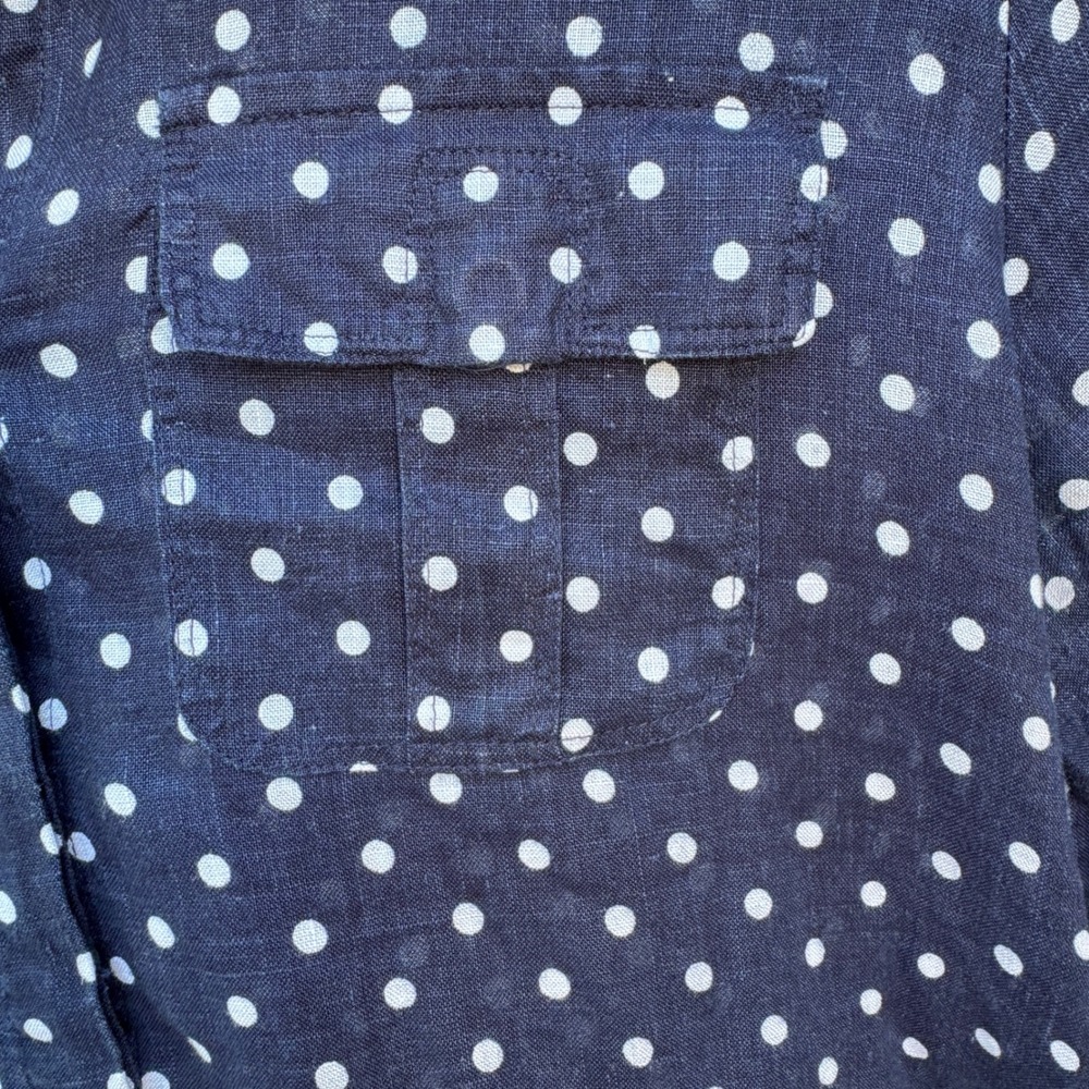 Charter Club Womens Linen Button Up Shirt M Blue Roll Tab Polka Dot Coastal - Picture 3 of 8